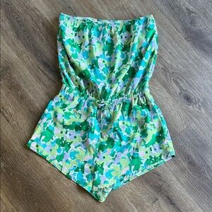 Strapless Green Floral Camo Romper with Drawstring Waist